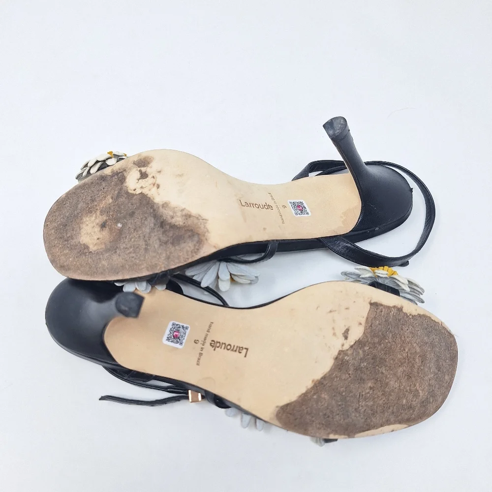 LARROUDÉ Fiore Daisy Appliqués Ankle Strap Sandals Stilletto Heel